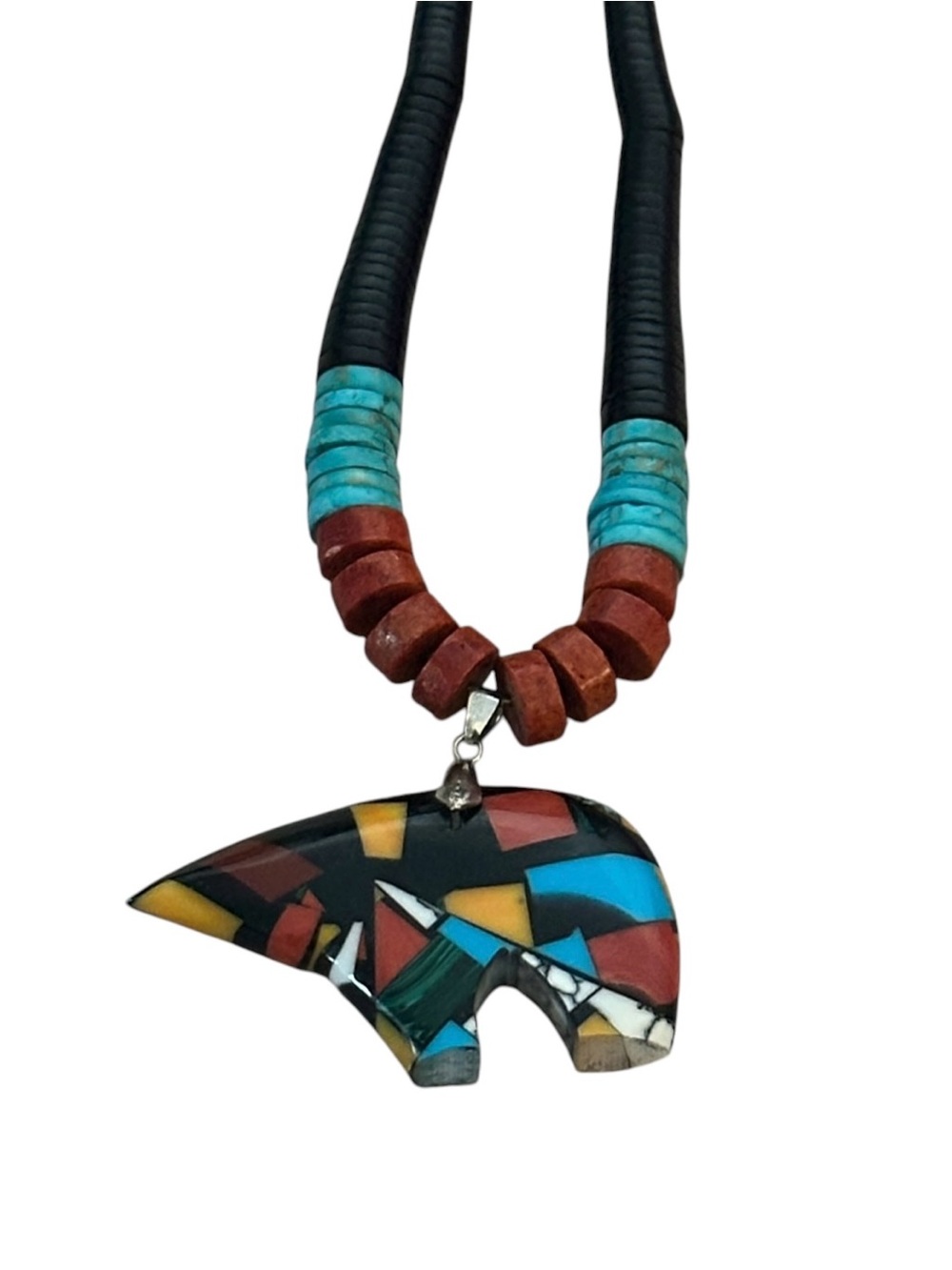 Native American Multi Stone Inlaid Bear Pendant Necklace Beaded 18kg 12"
